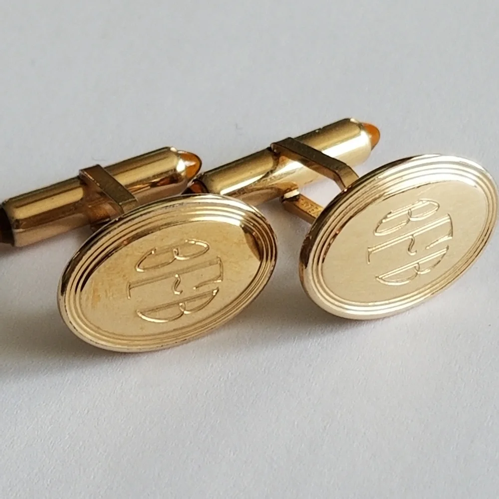 Vintage Krementz cuff links mens gold tone engraved monogram BFB orange